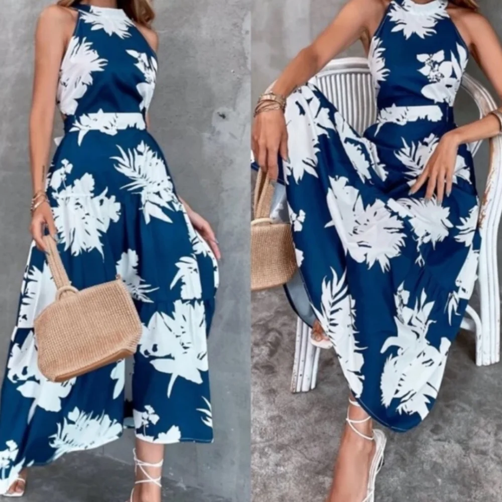 Kara and Kate sleeveless maxi dress halter neckline blue with white flowers S - Picture 2 of 16